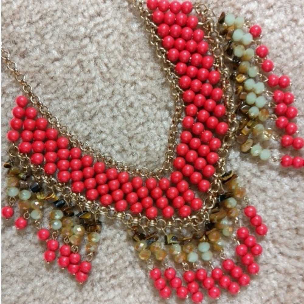 Stunning Coral Tiger's Eye Crystal Gold Bib Neckla